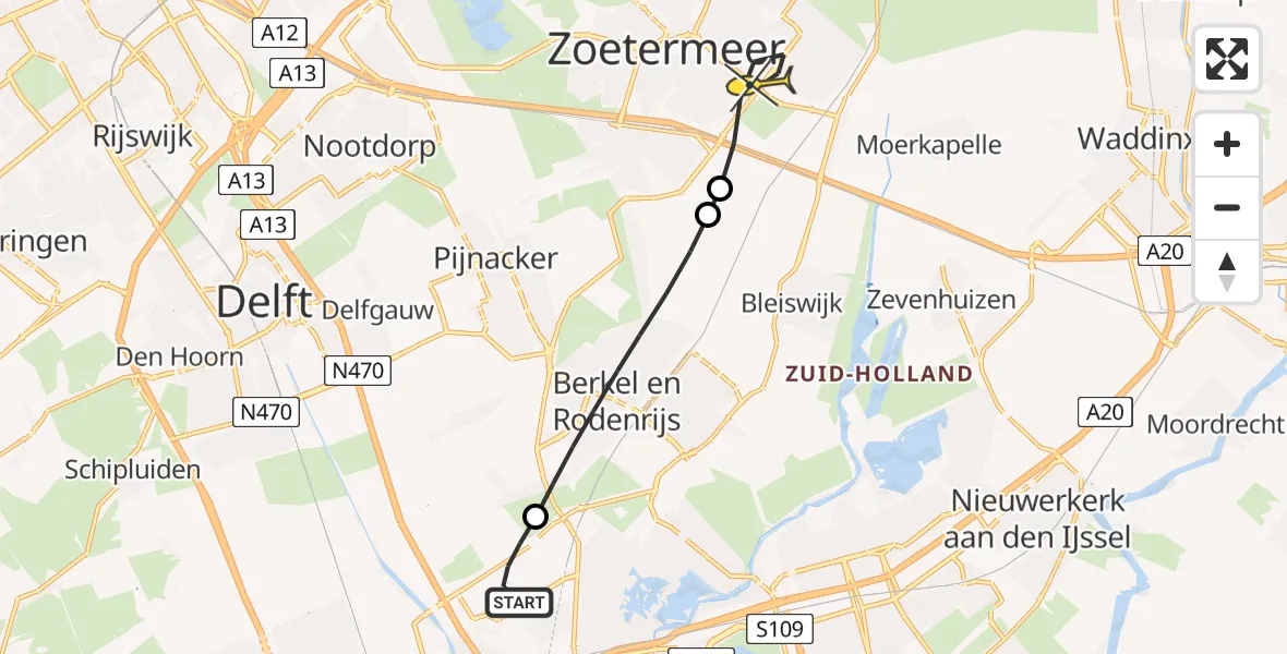 Routekaart van de vlucht: Lifeliner 2 naar Zoetermeer, Brandenburgbaan