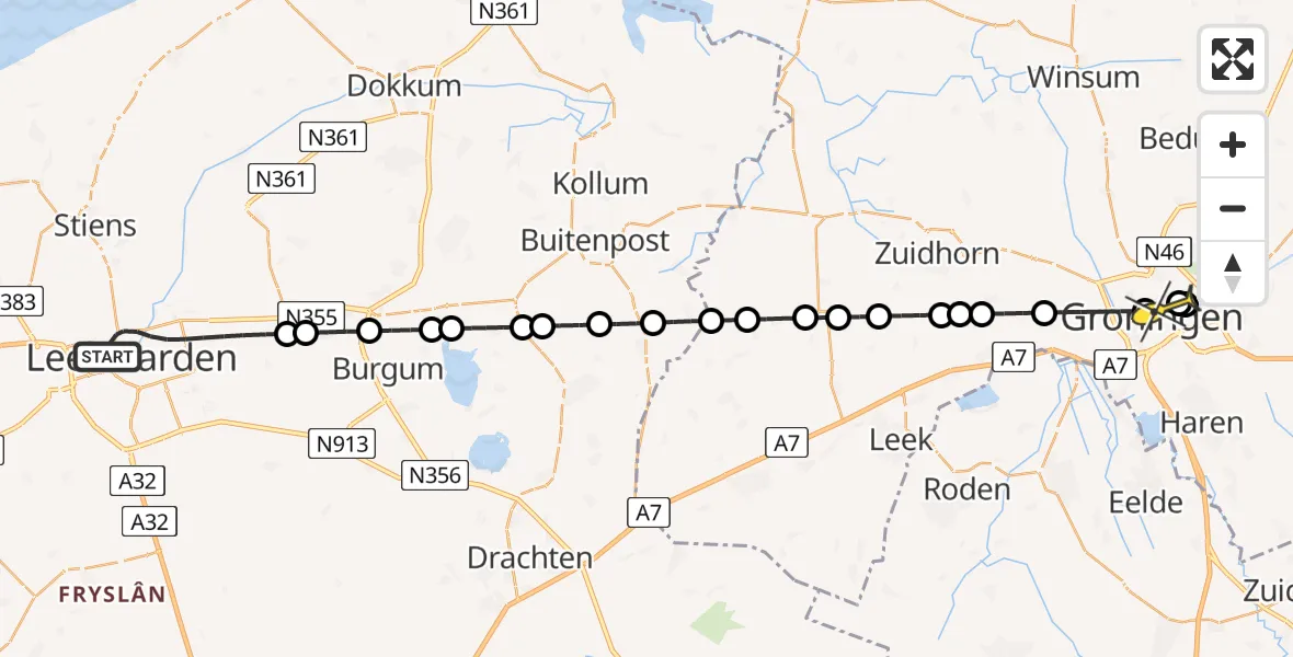 Routekaart van de vlucht: Lifeliner 4 naar Universitair Medisch Centrum Groningen, Valeriusstraat