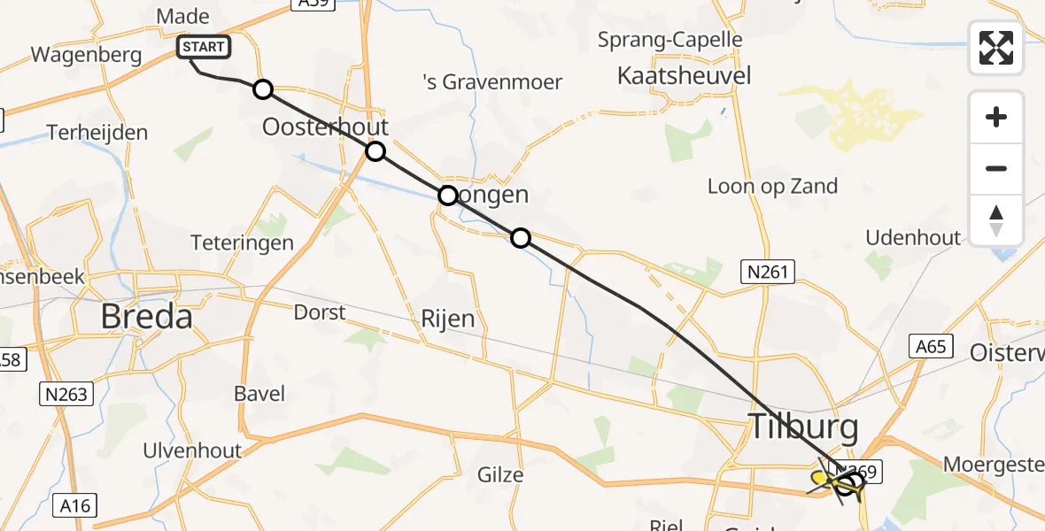 Routekaart van de vlucht: Lifeliner 1 naar Tilburg, Dordrechtseweg