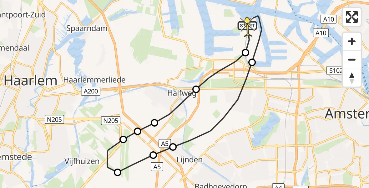 Routekaart van de vlucht: Lifeliner 1 naar Amsterdam Heliport, Elbaweg
