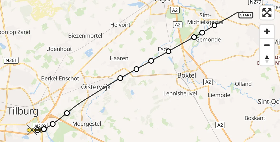 Routekaart van de vlucht: Lifeliner 3 naar Tilburg, Woudseweg