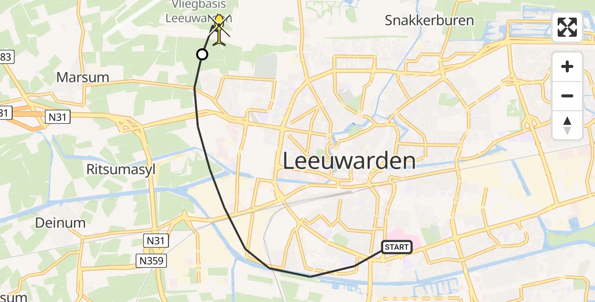 Routekaart van de vlucht: Ambulancehelikopter naar Vliegbasis Leeuwarden, Nijlânsdyk