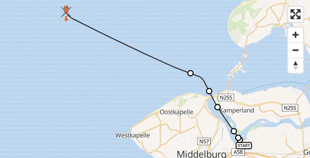Vluchtroute Kustwachthelikopter Vliegveld Midden-Zeeland - , 23 augustus 2025, 13:12