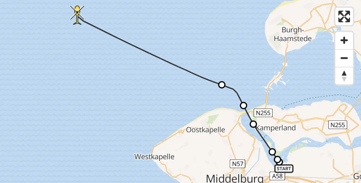 Routekaart van de vlucht: Kustwachthelikopter naar Schenge