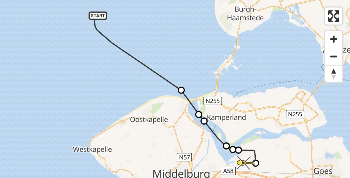 Routekaart van de vlucht: Kustwachthelikopter naar Vliegveld Midden-Zeeland, Strand Vrouwenpolder