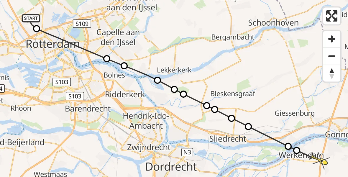 Routekaart van de vlucht: Lifeliner 2 naar Werkendam, Overschiese Kleiweg