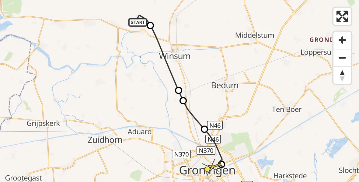 Routekaart van de vlucht: Lifeliner 4 naar Universitair Medisch Centrum Groningen, Ernstheemsterpad