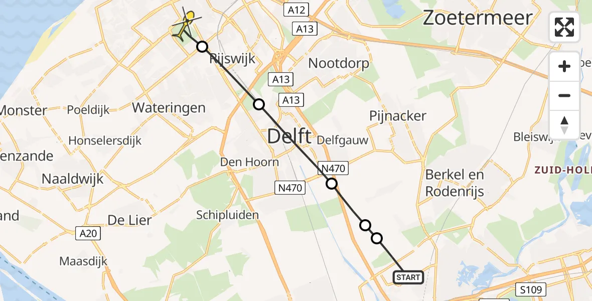 Routekaart van de vlucht: Lifeliner 2 naar Den Haag, Ackerdijkseweg