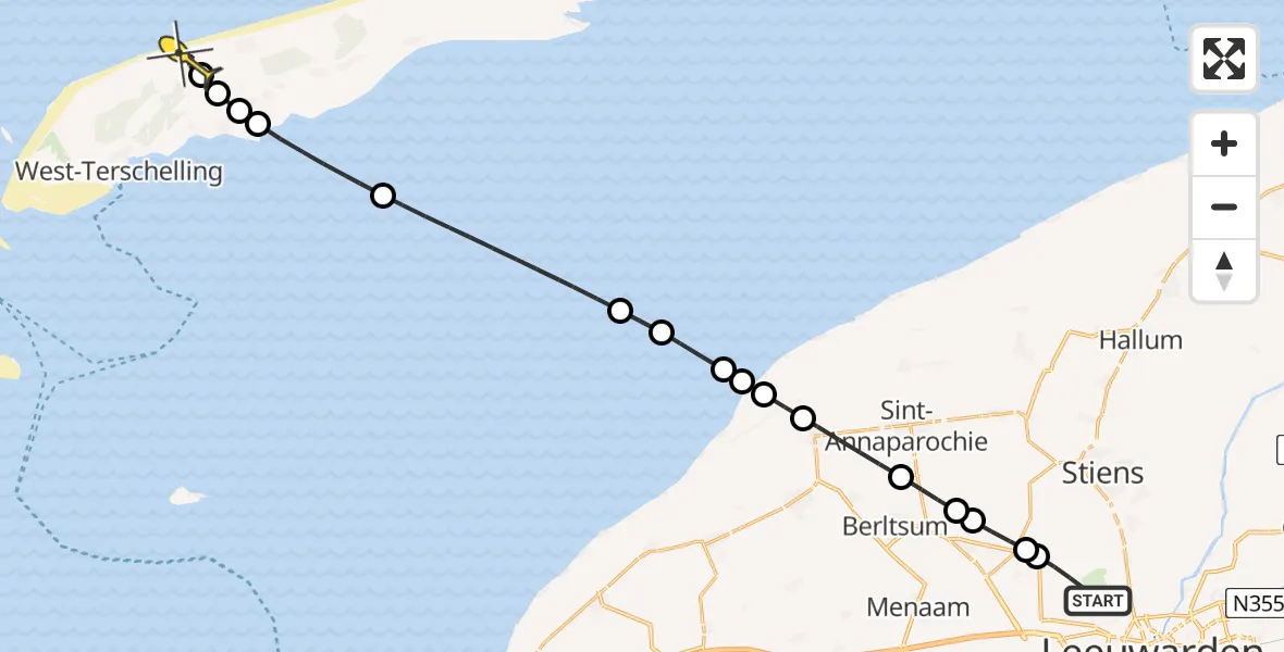 Routekaart van de vlucht: Ambulancehelikopter naar West-Terschelling, Keegsdijkje