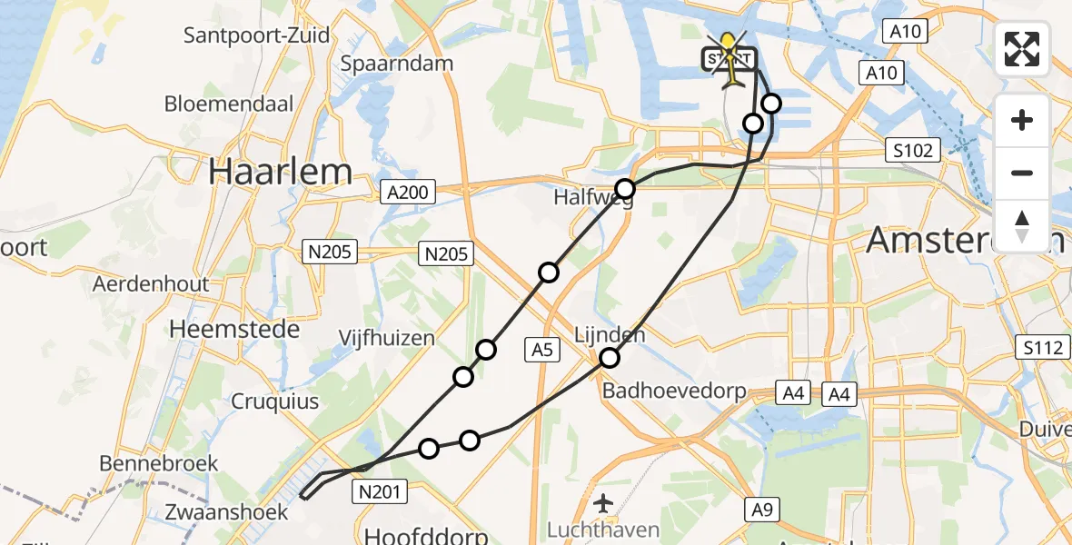 Routekaart van de vlucht: Lifeliner 1 naar Amsterdam Heliport, Theemsweg