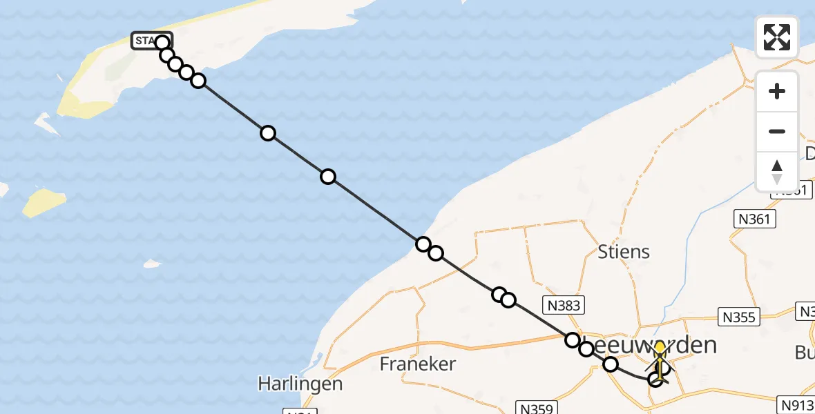 Routekaart van de vlucht: Ambulancehelikopter naar Leeuwarden, Midslander Longway