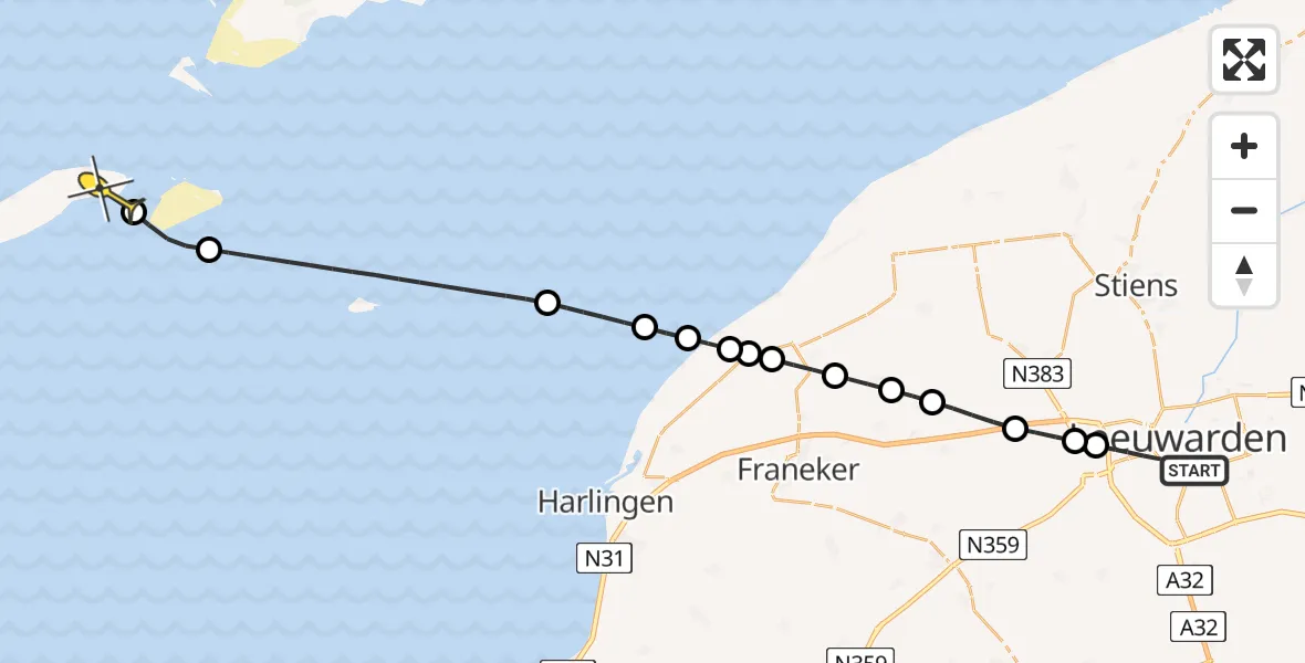 Routekaart van de vlucht: Ambulancehelikopter naar Vlieland Heliport, Van de Veldestraat