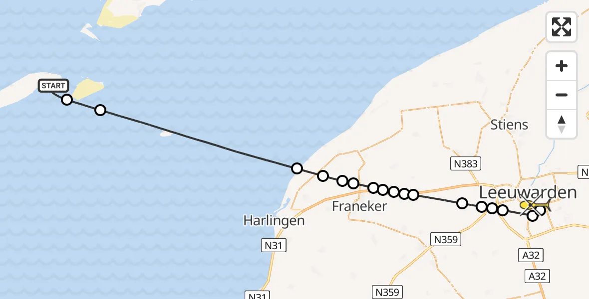 Routekaart van de vlucht: Ambulanceheli naar Leeuwarden, Vliesloot