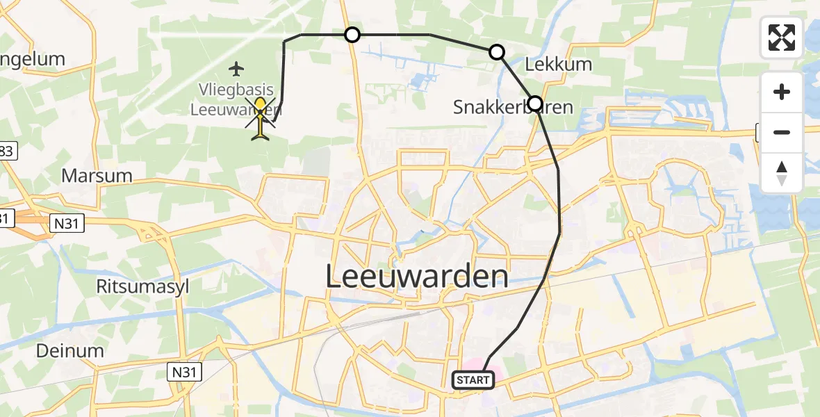 Routekaart van de vlucht: Ambulancehelikopter naar Vliegbasis Leeuwarden, Emmakade