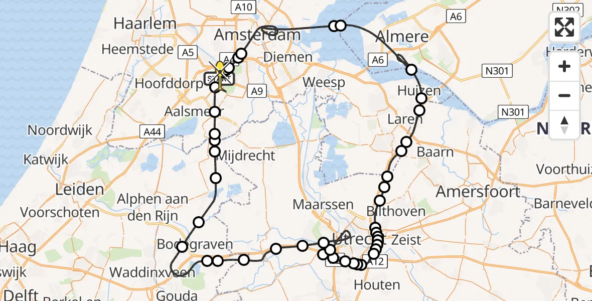 Routekaart van de vlucht: Politiehelikopter naar Schiphol, Nieuwemeerdijk
