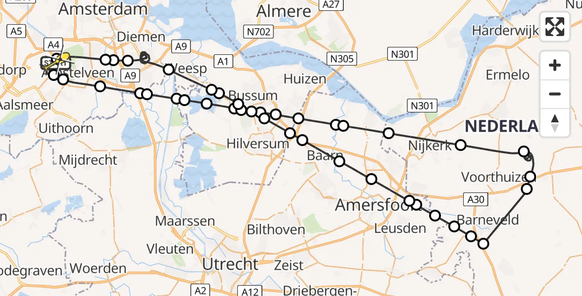 Routekaart van de vlucht: Politieheli naar Schiphol, Amsterdam-Bataviaweg