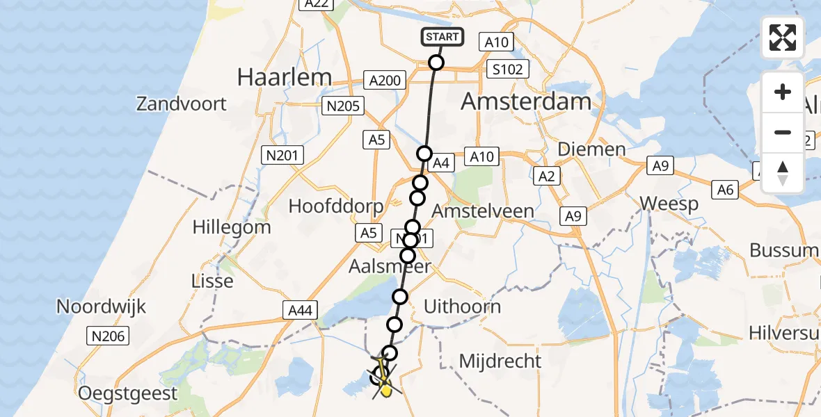 Routekaart van de vlucht: Lifeliner 1 naar Nieuwveen, Nieuw-Zeelandweg