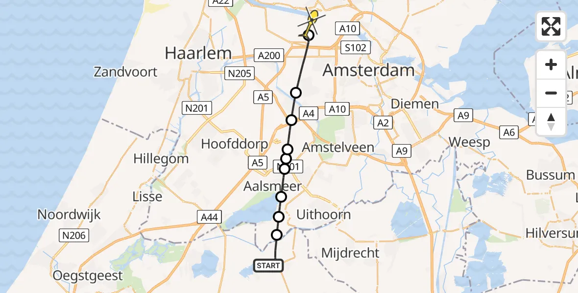 Routekaart van de vlucht: Lifeliner 1 naar Amsterdam Heliport, Oude Boezemkade