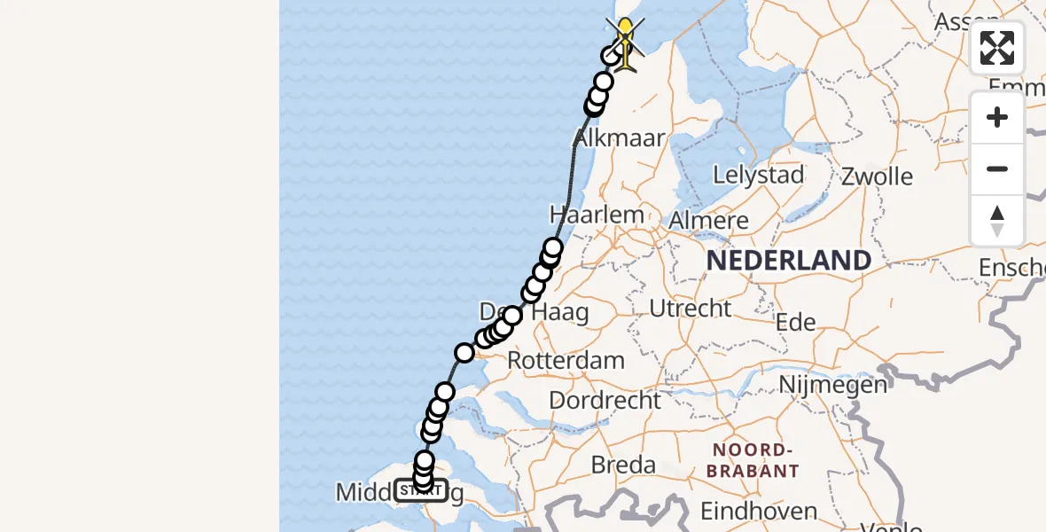Routekaart van de vlucht: Kustwachthelikopter naar Vliegveld De Kooy, Calandweg