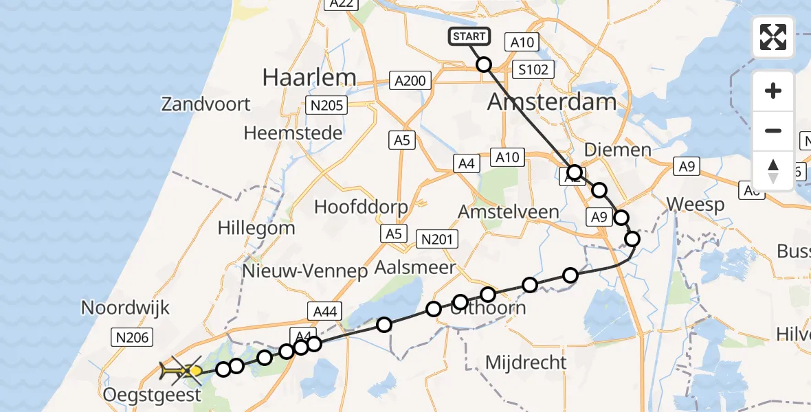 Routekaart van de vlucht: Lifeliner 1 naar Warmond, Fritz Conijnstraat