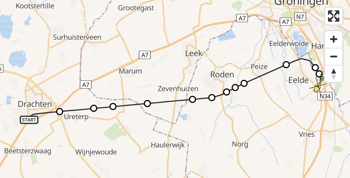 Routekaart van de vlucht: Lifeliner 4 naar Eelde, Zuiderhogeweg