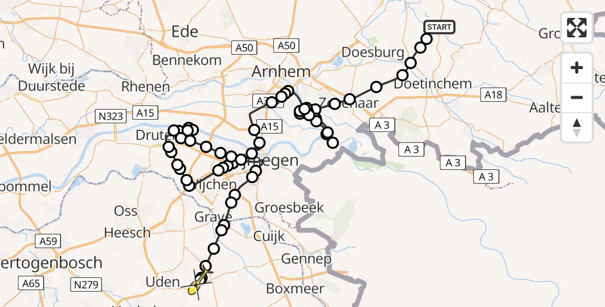 Routekaart van de vlucht: Politieheli naar Vliegbasis Volkel, Banninkstraat