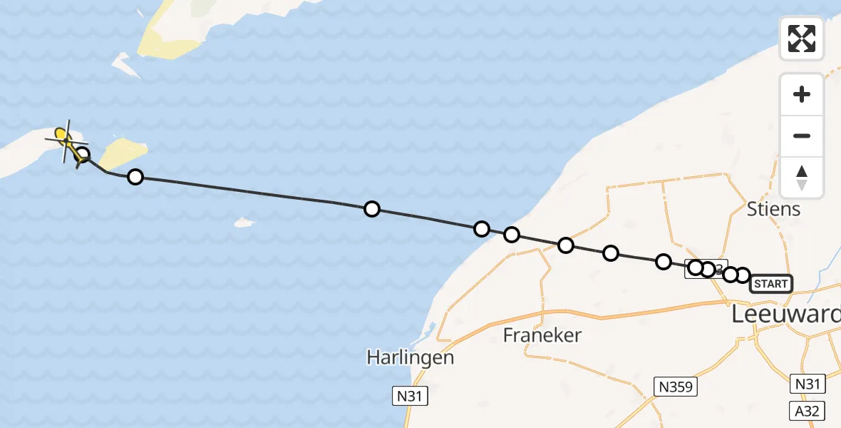Routekaart van de vlucht: Ambulancehelikopter naar Vlieland Heliport, Keegsdijkje