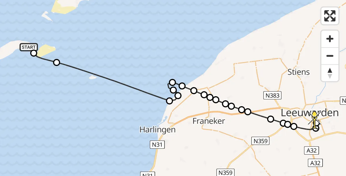 Routekaart van de vlucht: Ambulanceheli naar Leeuwarden, Aldlânsdyk