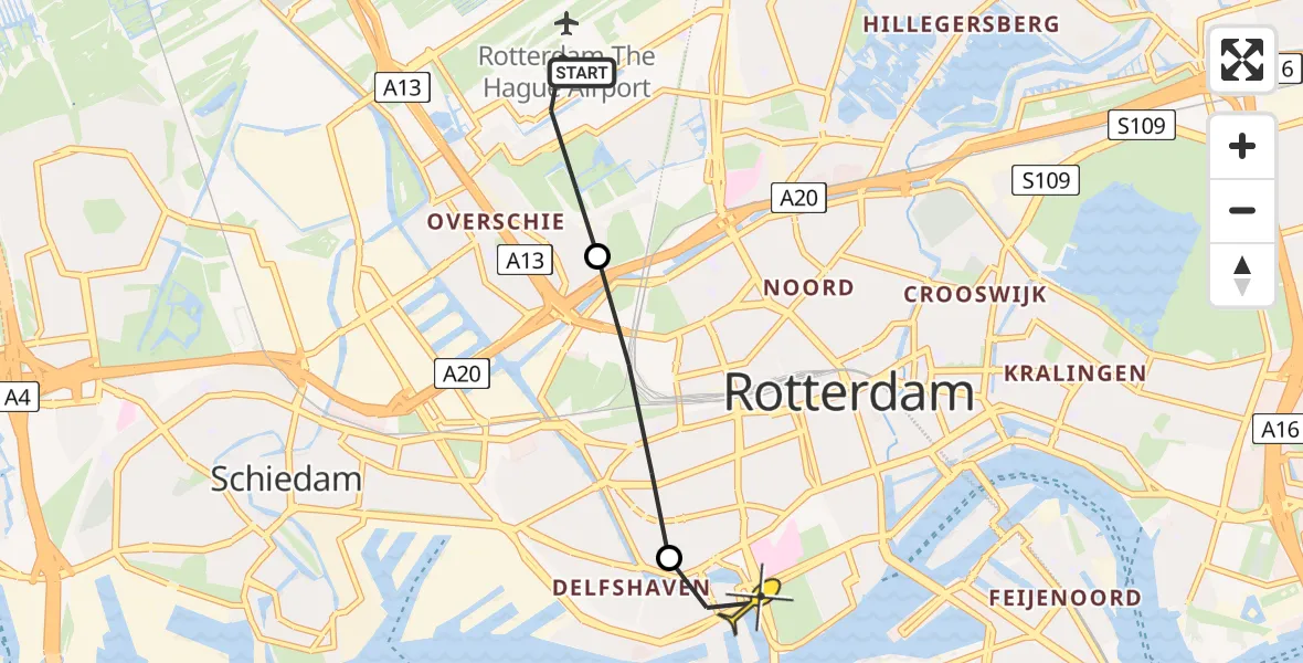Routekaart van de vlucht: Lifeliner 2 naar Erasmus MC, Polderbrug