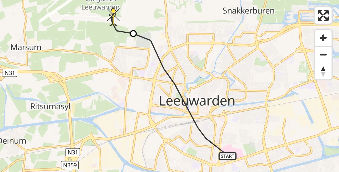 Routekaart van de vlucht: Ambulancehelikopter naar Vliegbasis Leeuwarden, Aldlânsdyk