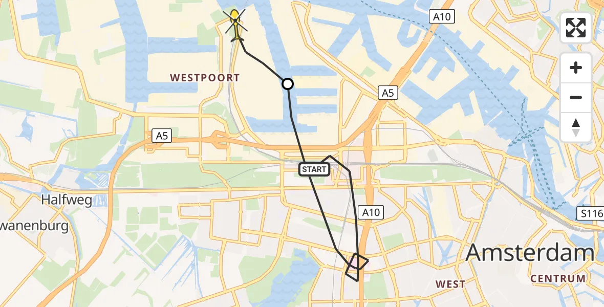 Routekaart van de vlucht: Lifeliner 1 naar Amsterdam Heliport, Jan Tooropstraat