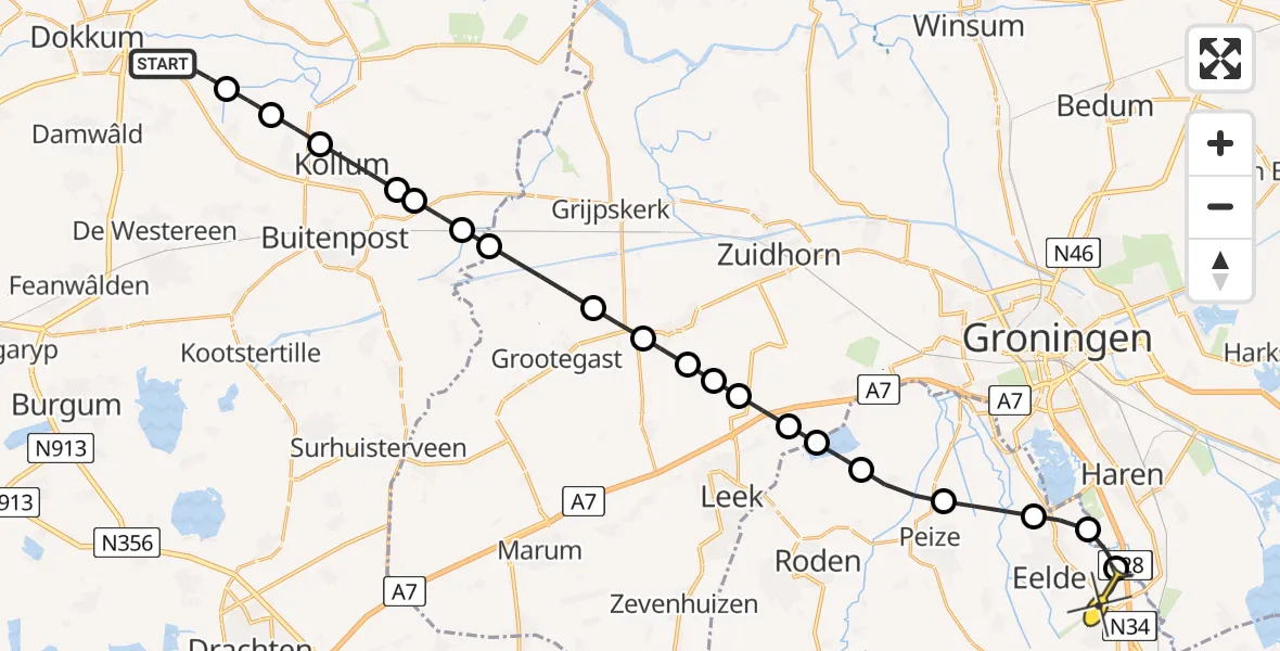 Routekaart van de vlucht: Lifeliner 4 naar Groningen Airport Eelde, Terpwei