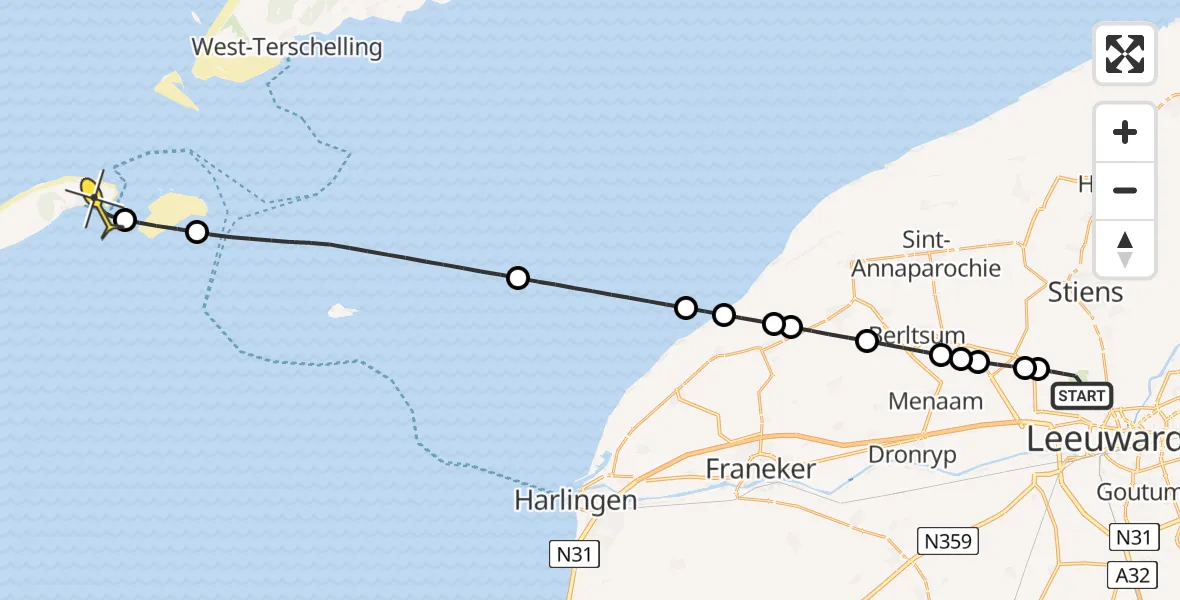 Routekaart van de vlucht: Ambulancehelikopter naar Vlieland Heliport, Keegsdijkje
