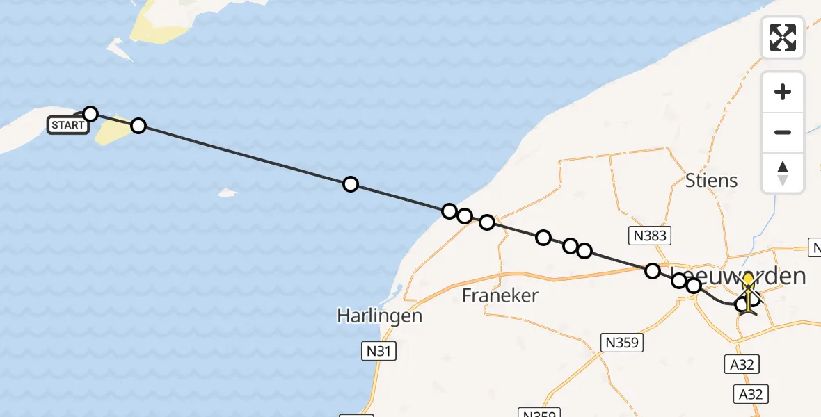 Routekaart van de vlucht: Ambulancehelikopter naar Leeuwarden, Vliesloot