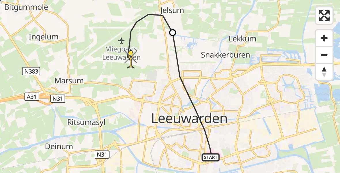 Routekaart van de vlucht: Ambulanceheli naar Vliegbasis Leeuwarden, Aldlânsdyk