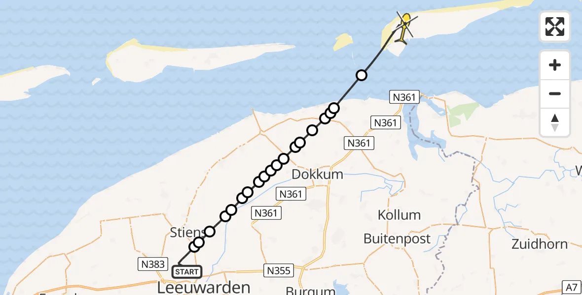 Routekaart van de vlucht: Ambulancehelikopter naar Schiermonnikoog, Keegsdijkje