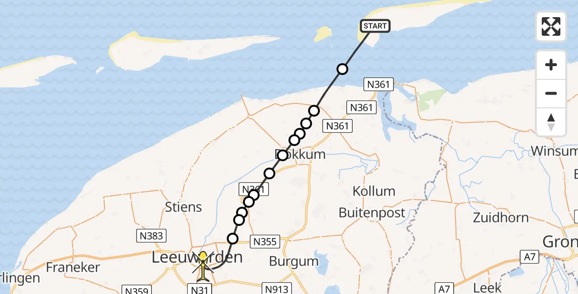 Routekaart van de vlucht: Ambulanceheli naar Leeuwarden, Minne Onnespad