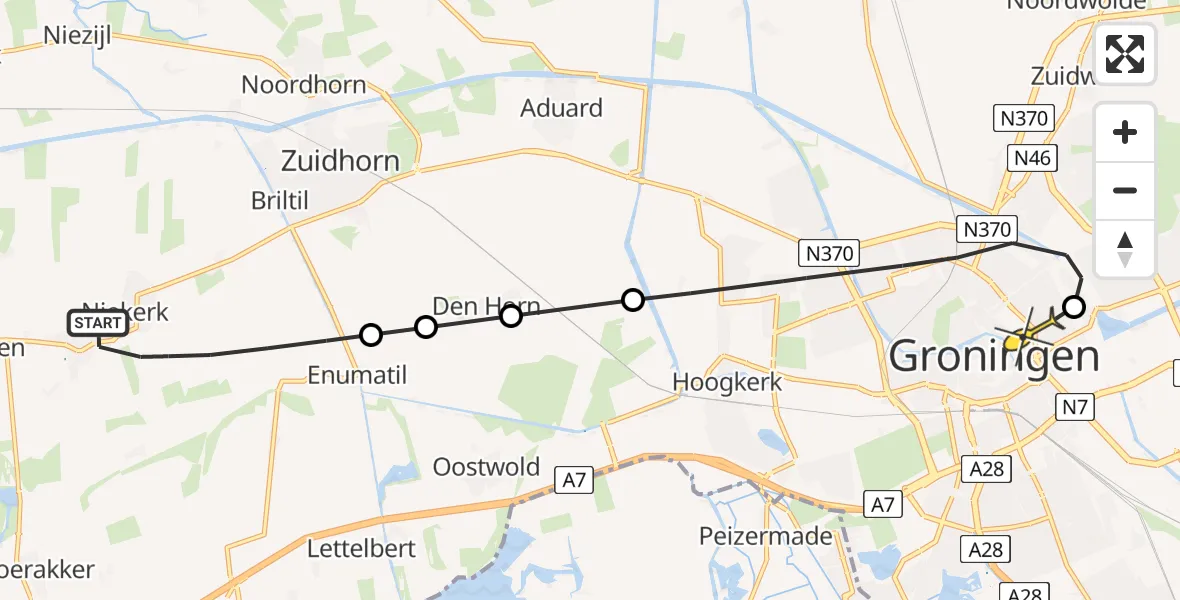 Routekaart van de vlucht: Lifeliner 4 naar Universitair Medisch Centrum Groningen, Smidshornerweg