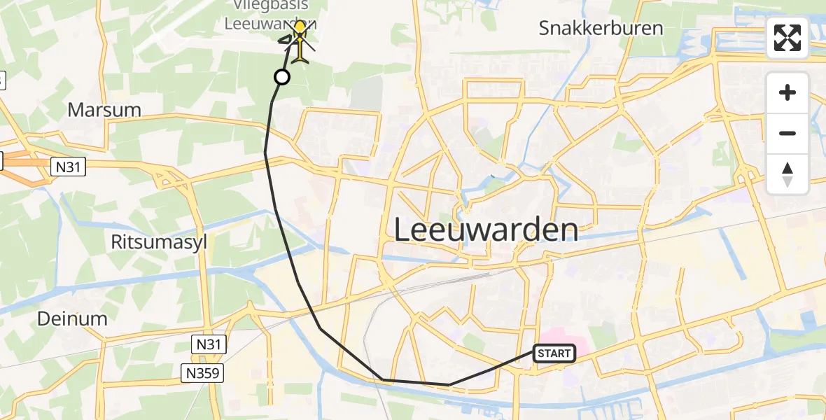 Routekaart van de vlucht: Ambulancehelikopter naar Vliegbasis Leeuwarden, Nijlânsdyk