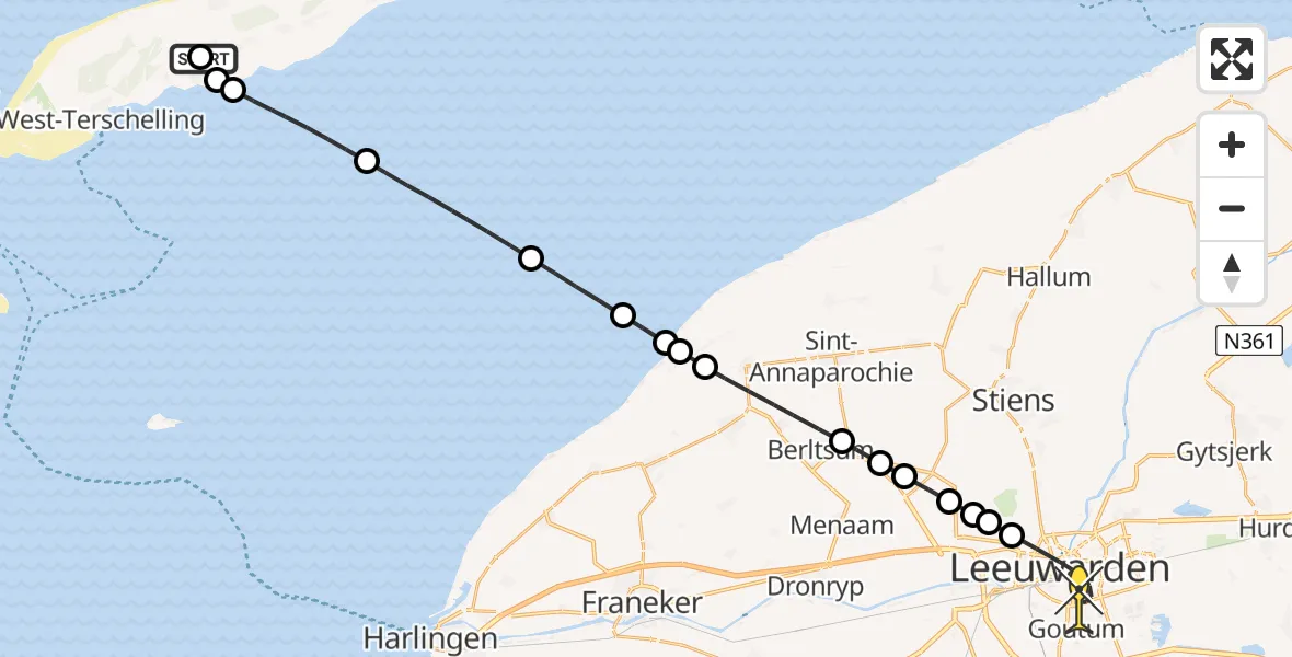 Routekaart van de vlucht: Ambulanceheli naar Leeuwarden, Seeryperpolder