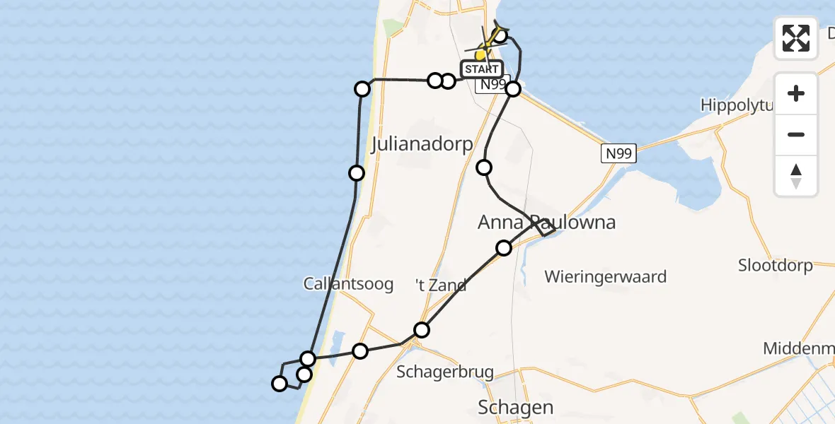 Routekaart van de vlucht: Kustwachthelikopter naar Vliegveld De Kooy, Kortevliet