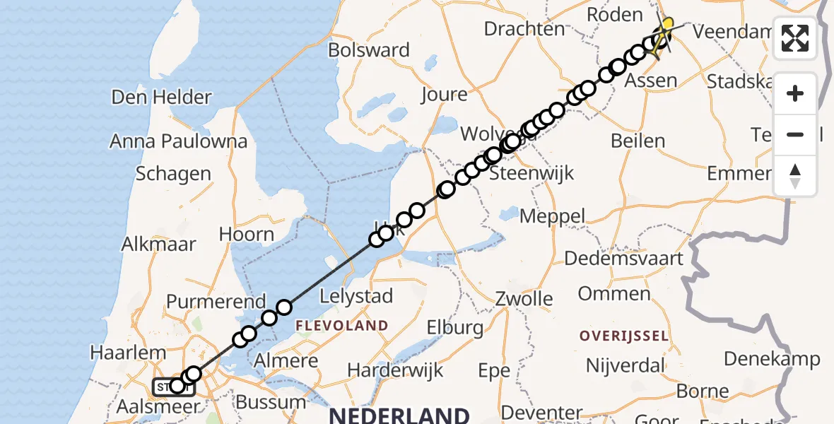 Routekaart van de vlucht: Politieheli naar Tynaarlo, Voltweg