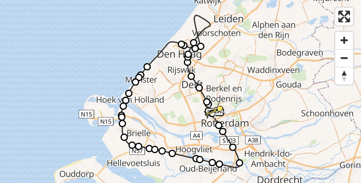 Routekaart van de vlucht: Politieheli naar Rotterdam The Hague Airport, Schieveense polder