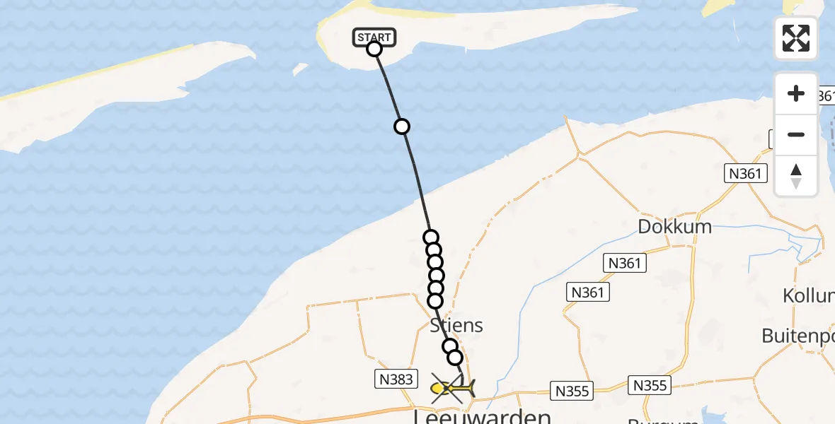 Routekaart van de vlucht: Ambulancehelikopter naar Vliegbasis Leeuwarden, Wester Grieweg