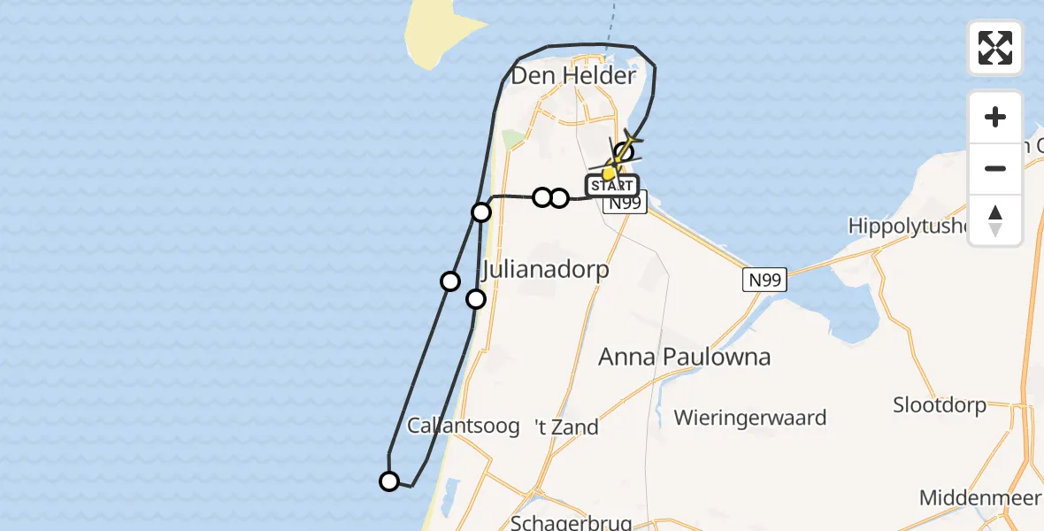 Routekaart van de vlucht: Kustwachthelikopter naar Vliegveld De Kooy, Middenvliet