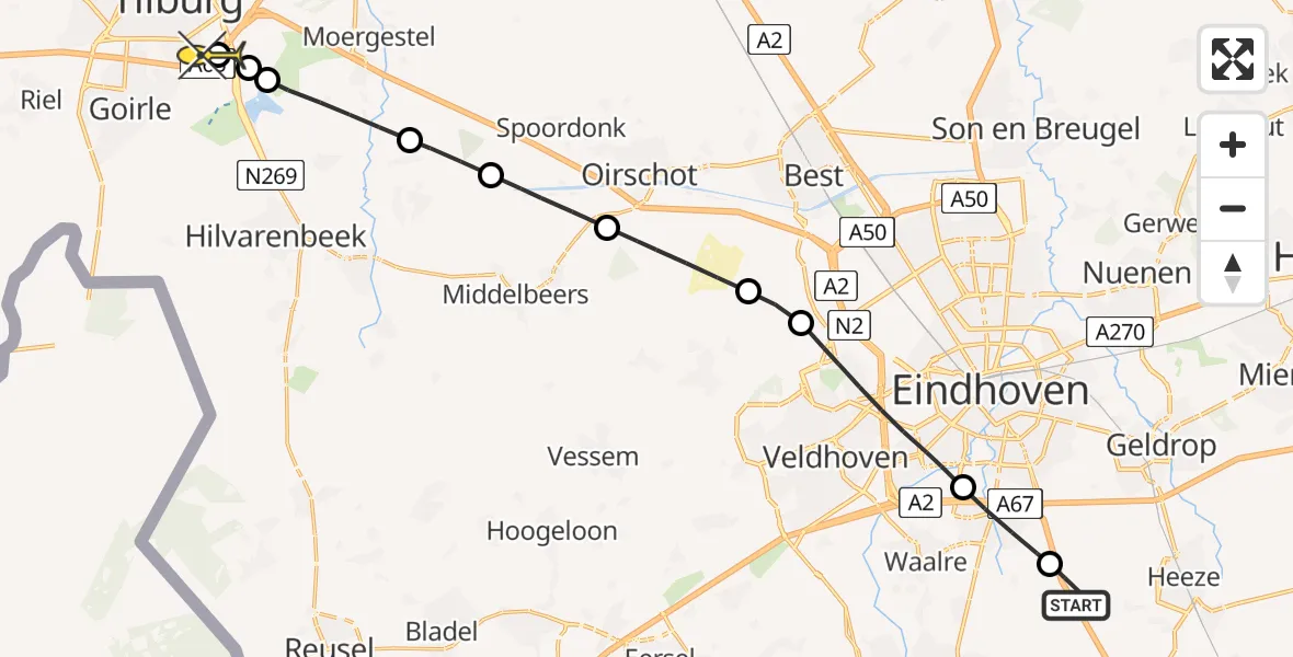 Routekaart van de vlucht: Lifeliner 3 naar Tilburg, Leenderweg