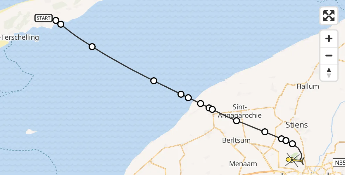 Routekaart van de vlucht: Ambulanceheli naar Vliegbasis Leeuwarden, Kallandspad
