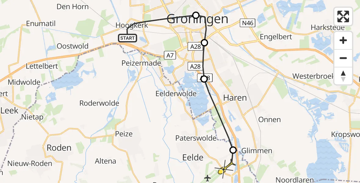 Routekaart van de vlucht: Lifeliner 4 naar Groningen Airport Eelde, Schouwstraat