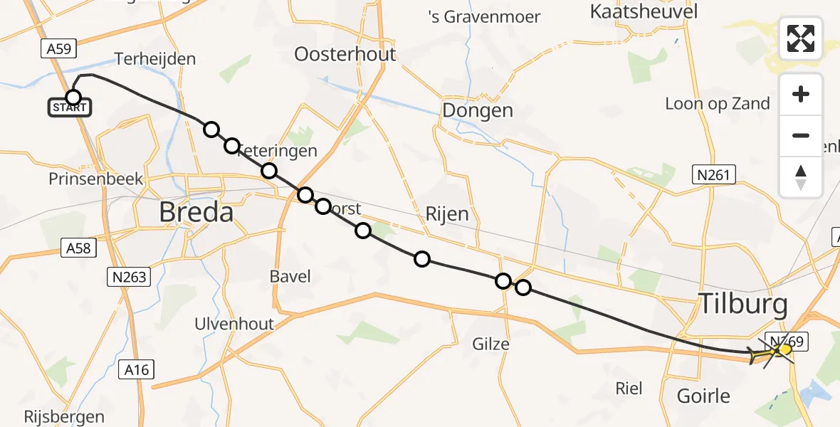 Routekaart van de vlucht: Lifeliner 2 naar Tilburg, Bredeweg