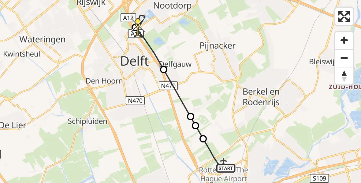 Routekaart van de vlucht: Lifeliner 2 naar Den Haag, Rijswijkse Waterweg